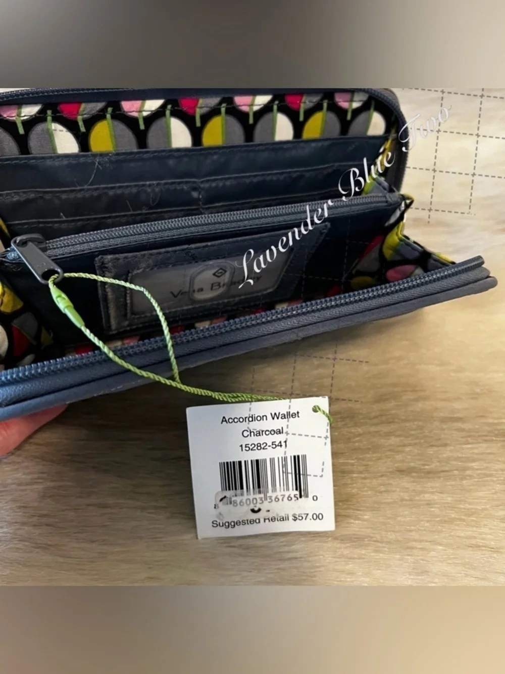 New VERA BRADLEY Charcoal Light Gray Zip Around Accordion Long Wallet Microfiber